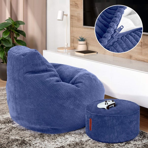 Green Bean Sitzsack mit Hocker aus Cord - Sitzsäcke für das Wohnzimmer, Schlafzimmer, Sitzsack-Sessel für Erwachsene Dunkelblau