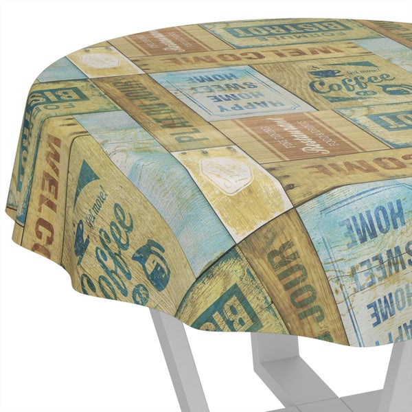 Runde Tischdecke mit Vintage-Holzoptik-Aufdruck und Motiven wie Coffee und Sweet Home.