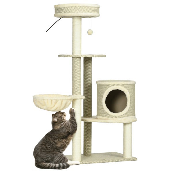 PawHut Katzen Kratzbaum 124 cm Kletterturm mit 2 Liegeflächen, Katzenhöhle, Katzenbaum mit Korb, Spielball, Sisalstämmen, Katzenmöbel für Katzen bis 5 kg