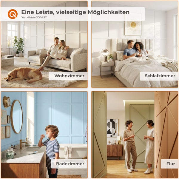 Wandleiste 500-LSC zur Gestaltung von Wohnzimmer, Schlafzimmer, Badezimmer und Flur mit dekorativen Paneelen in verschiedenen Wohnräumen.