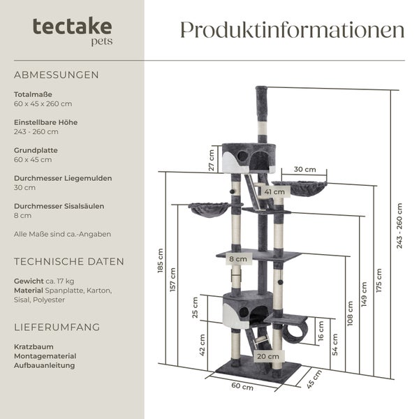 Produktinformationen zu einem Katzenkratzbaum von Tectake Pets mit Größenangaben