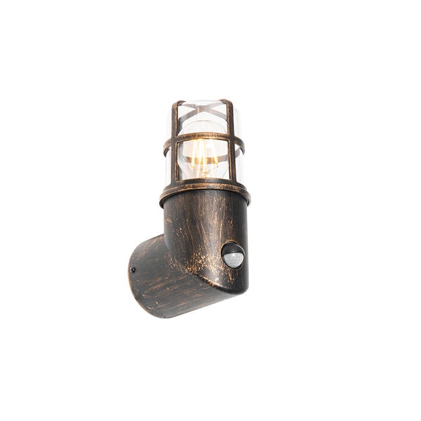 Außenwandleuchte mit Bewegungsmelder im Vintage-Stil aus Metall in Gold-Schwarz mit Glasschirm und Käfig-Optik.