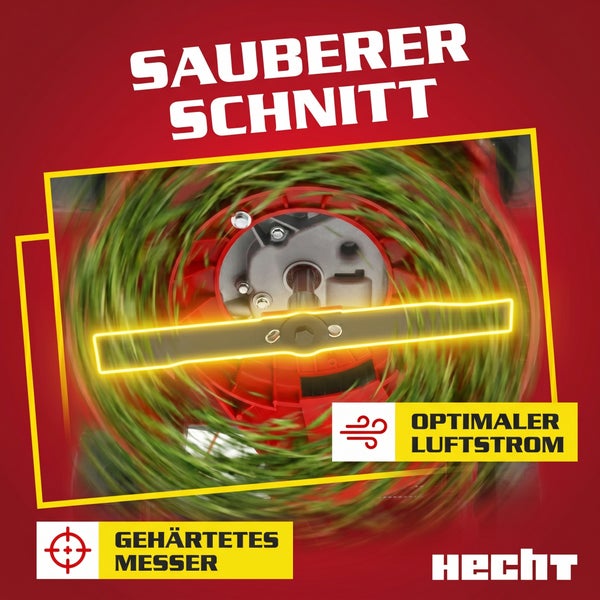 Infografik für Hecht Rasenmäher mit sauberem Schnitt, optimalem Luftstrom und gehärtetem Messer. Hecht Logo