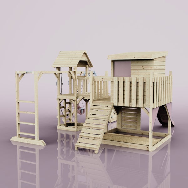 Spielanlage aus Holz mit Rutsche, Schaukel und Klettergerüst für den Garten