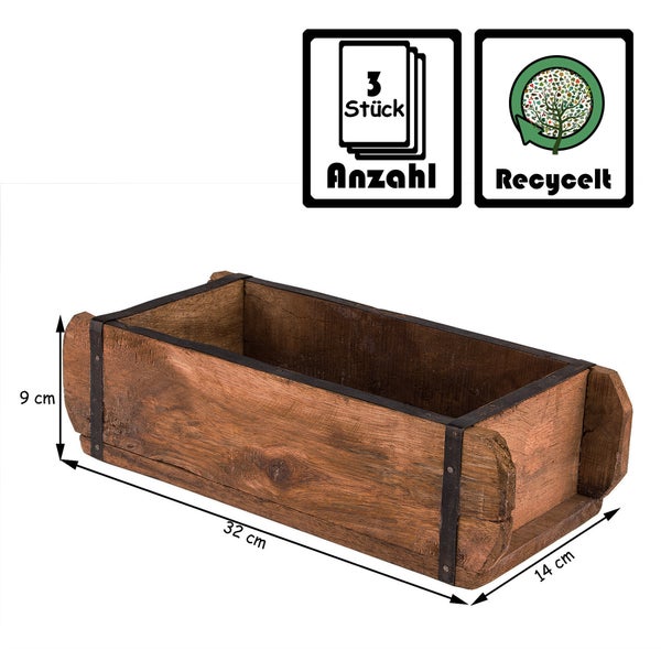 3x Ziegelform 32x14x9 cm - Ein-Kammer - Vintage Holzkiste mit Metallbeschlägen - Ordnungsbox Allzweckkiste - Nachbau aus Altholz - Jedes Stück ein Unikat