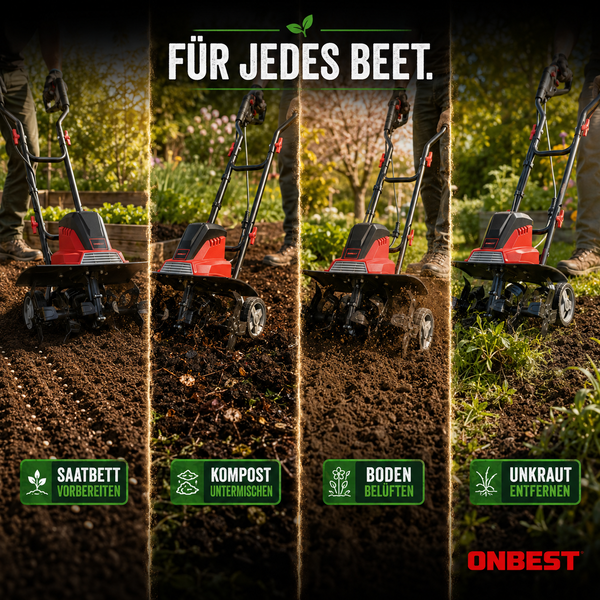 ONBEST Bodenhacke bei der Saatbettvorbereitung, Kompostmischung, Bodenbelüftung und Unkrautentfernung. ONBEST Logo.