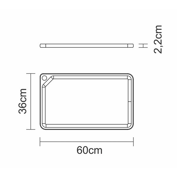 Technische Zeichnung einer rechteckigen Duschwanne mit den Maßen 60 mal 36 mal 2,2 Zentimeter