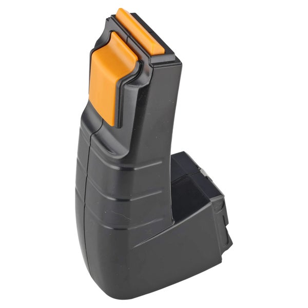 Schwarzer Akku aus Kunststoff für Elektrowerkzeuge mit orangefarbenen Entriegelungstasten.