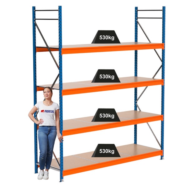 Schwerlastregal mit vier Ebenen und einer maximalen Traglast von 530 Kilogramm pro Ebene