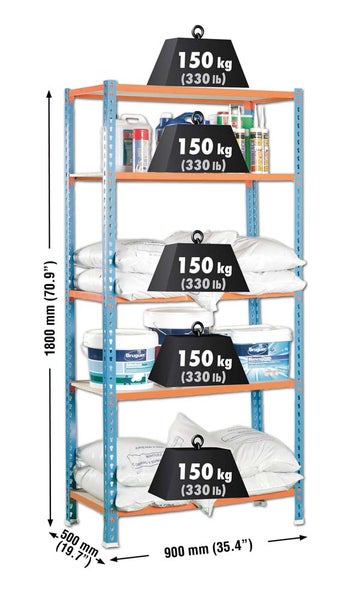 PROREGAL Schwerlastregal Muli HxBxT 180 x 90 x 50 cm 5 Fachböden Fachlast 150 kg Blau-Orange
