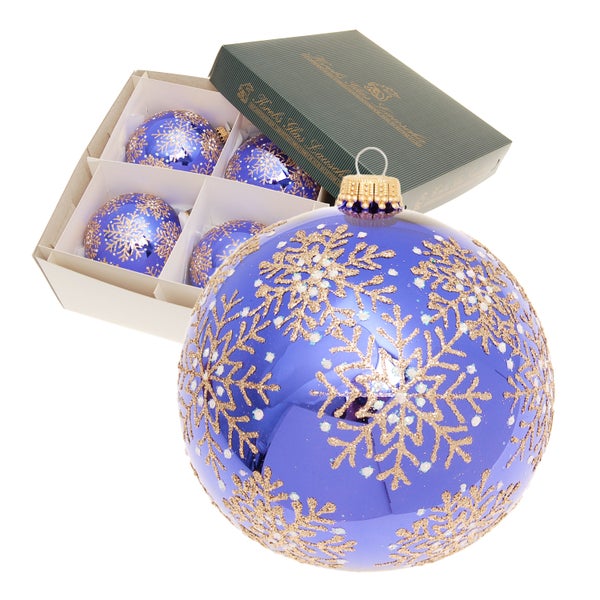 Royalblau glanz 10cm Glaskugel mundgeblasen und handdekoriert mit Schneekristalle gold/weiß (4 Stück), 4 Stck., Weihnachtsbaumkugeln, Christbaumschmuck, Weihnachtsbaumanhänger