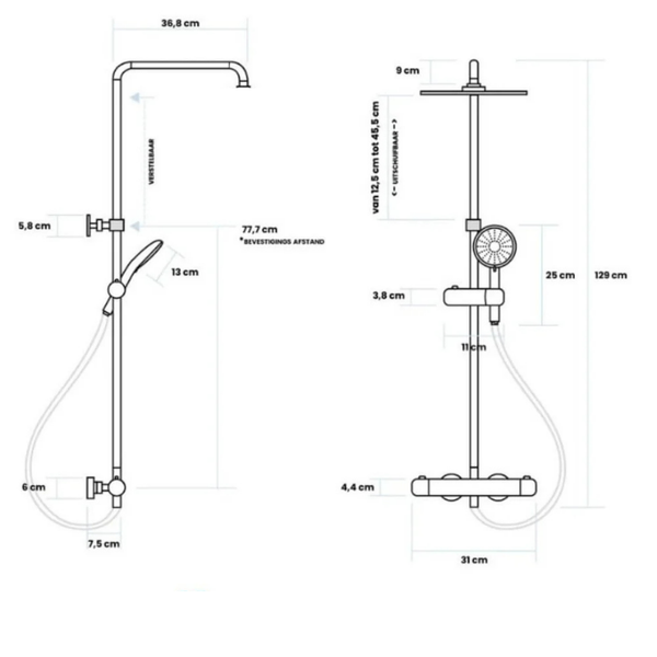 Technische Zeichnung mit Maßen eines Duschsystems mit Kopfbrause und Handbrause.
