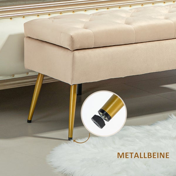 HOMCOM Sitzbank mit Stauraum, Polsterbank mit Deckel, Bettbank mit Samtoptik, für Flur Schlafzimmer Wohnzimmer, Metallrahmen 102 x 35 x 43 cm Beige