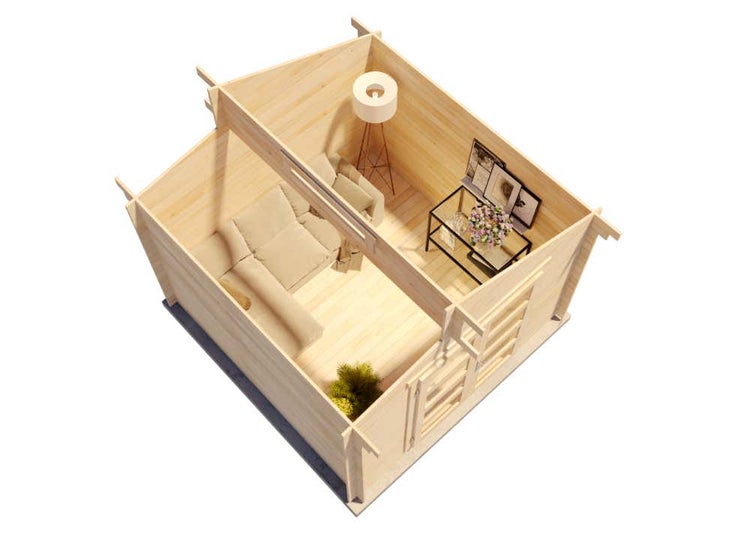 Blick von oben in das helle Innere eines Gartenhauses aus Holz mit zwei Räumen, Ecksofa, Stehlampe und modernem Beistelltisch.