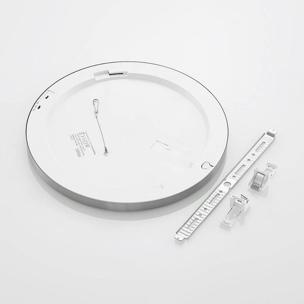 Rückseite eines runden LED-Panels mit Montageschiene und Befestigungsfedern.