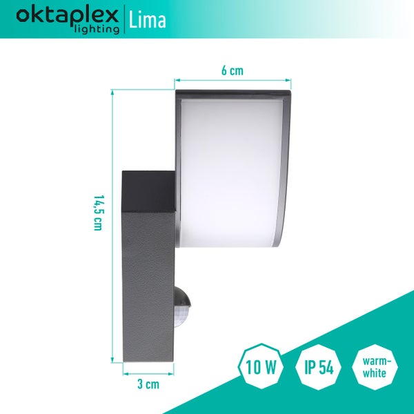LED Außenleuchte mit Bewegungsmelder 3000K warmweiß Lima 10W Sensor Anthrazit IP54 Wandleuchte IP54 für Außenbereich