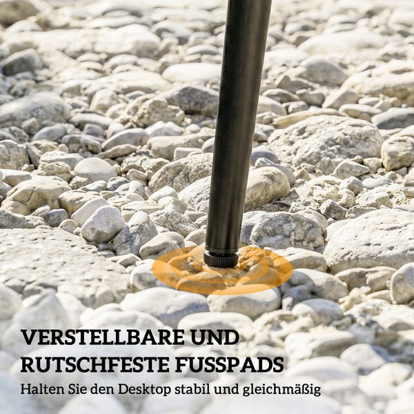 Verstellbarer und rutschfester Möbelfuß aus Metall auf unebenem Steinboden für hohe Stabilität.