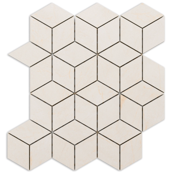 Mosaikfliese aus Feinsteinzeug mit 3D-Würfelmuster und Marmoroptik.