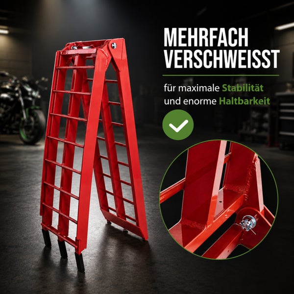 Zusammenklappbare Auffahrrampe aus Metall mit mehrfach verschweißten Verbindungen für hohe Stabilität. Detailansicht der Schweißnähte.