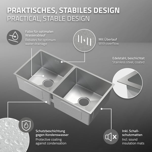 ML-Design Doppelspülbecken Edelstahl 81,5 x 40 cm, Küchenspüle rechteckig, 2 Becken, Einbauspüle Unterbauspüle, Edelstahlspüle mit Ab- und Überlaufgarnitur, Doppelbecken mit Siphon, Waschbecken Küche