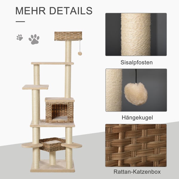 Katzenkratzbaum mit Sisalstämmen, Liegeflächen und Rattan Katzenbox