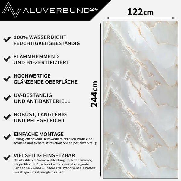 Aluverbund24 Logo. Küchenrückwand mit den Maßen 122 x 244 cm, wasserdicht, feuchtigkeitsbeständig, schwer entflammbar, B1-zertifiziert, hochwertige, glänzende Oberfläche, UV-beständig, antibakteriell, robust, langlebig, pflegeleicht, einfache Montage, vielseitig einsetzbar.