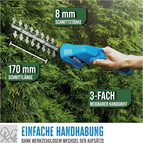 Güde Akku-Strauchschere beim Schneiden einer Hecke mit einhundertsiebzig Millimeter Schnittlänge, acht Millimeter Schnittstärke und neigbarem Griff.