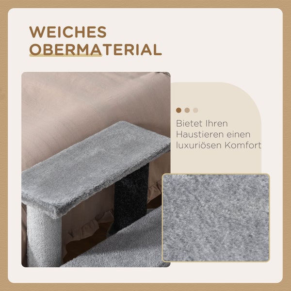 PawHut Katzentreppe 3-stufige Haustiertreppe mit Kratzsäulen Ball Hundetreppe Tiertreppe für Katzen bis 5 kg Plüsch Jute Grau 45 x 40 x 48 cm