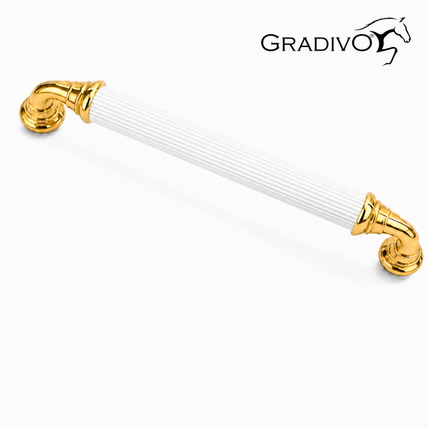 Möbelgriff mit weißer geriffelter Stange und goldfarbenen Halterungen, Gradivo Logo