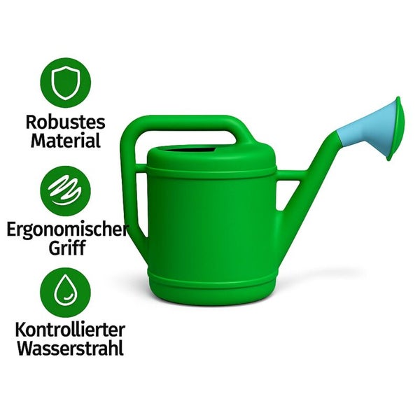Grüne Gießkanne aus robustem Material mit ergonomischem Griff und kontrolliertem Wasserstrahl.