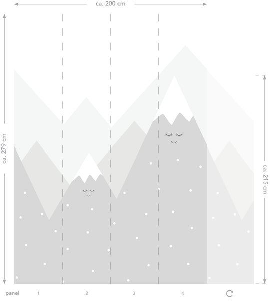 Wandbild mit Bergmotiv und Schneeflocken, circa 200 cm breit und 279 cm hoch