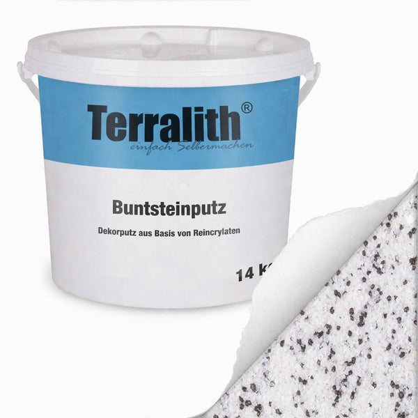 Terralith Buntsteinputz im 14 Kilogramm Eimer mit einer Darstellung der schwarz-weißen Putzstruktur.