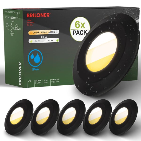Sechserpack Briloner LED Einbaustrahler, ultraflach, rund, IP44 spritzwassergeschützt, verstellbare Lichtfarbe, für den Innenbereich geeignet.