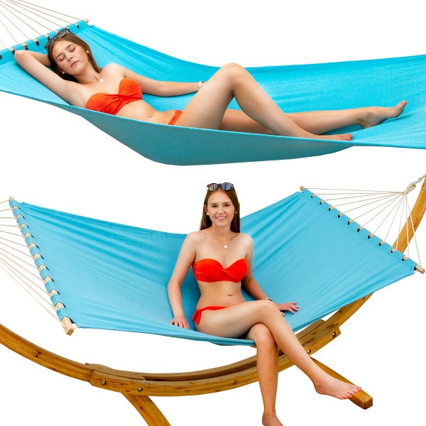 AMANKA XXL Hängematte mit Gestell - 325 cm Hängemattengestell Outdoor Holz - Hängematte Blau Outdoor Stabhängematte mit Gestell -  Hängematte für 2 - Hängematten Ständer Holz Hängematte Zwei Personen