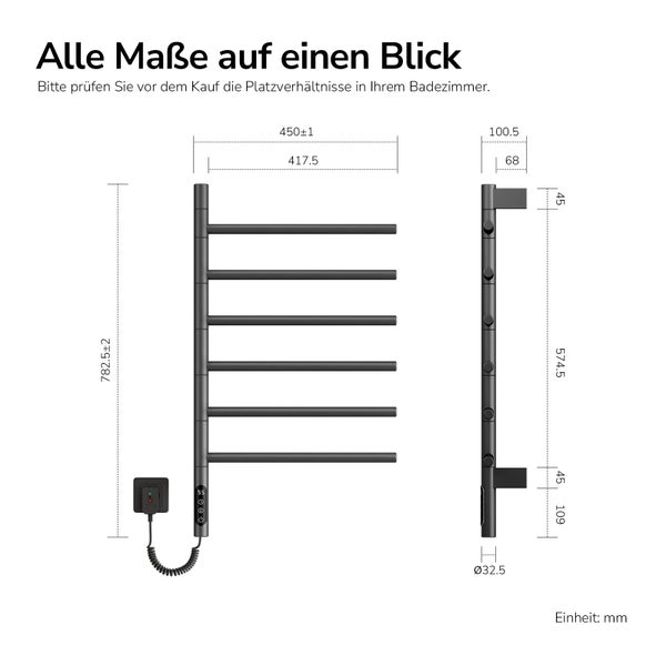 EMKE Elektrischer Handtuchheizkörper 78,2 x 45 cm 135 W mit Smart-Home-Steuerung IP45 Anthrazit
