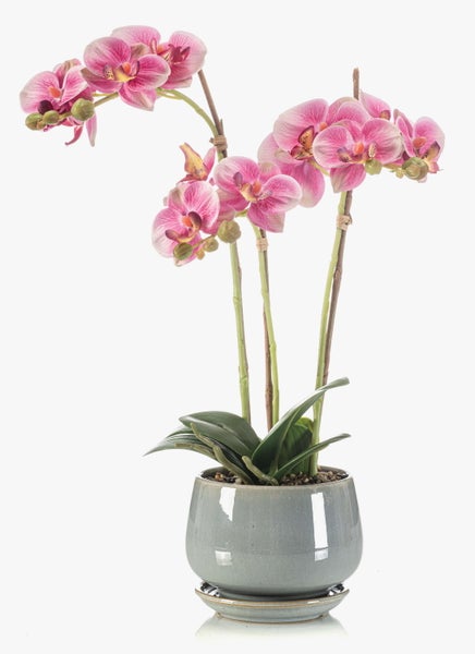 Künstliche Orchidee mit rosa Blüten, grünen Stängeln und Knospen.