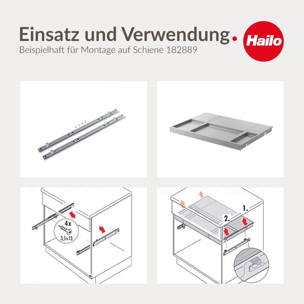 Hailo Logo und Montageanleitung für ein Auszugssystem im Unterschrank bestehend aus Schienen, Ablagefach und Befestigungsschrauben.