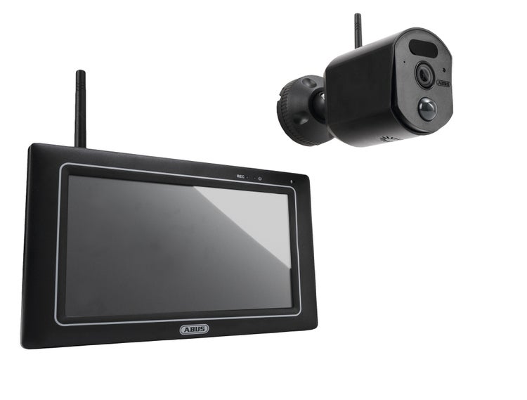 ABUS Funk-Überwachungskamera-Set bestehend aus Monitor und Außenkamera, beide mit Antenne.