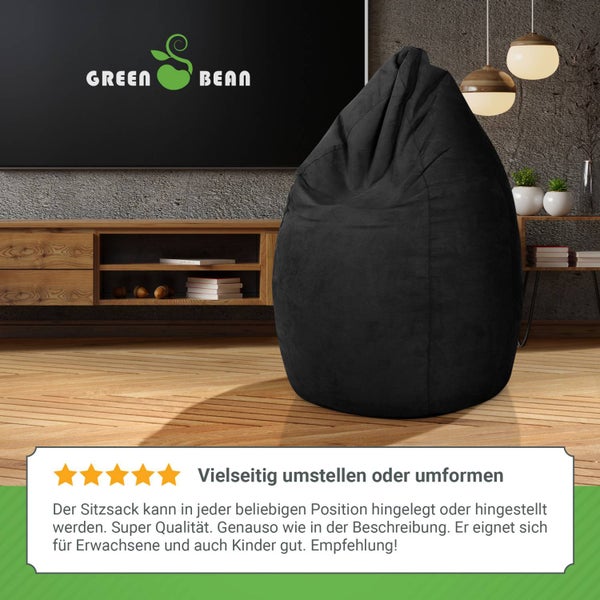 Green Bean Sitzsack mit Rückenlehne 60x60x90cm - Indoor Sitzkissen 220L Füllung Kuschelig Waschbar - Bean Bag Bodenkissen Lounge Chair Sitzhocker - Schwarz