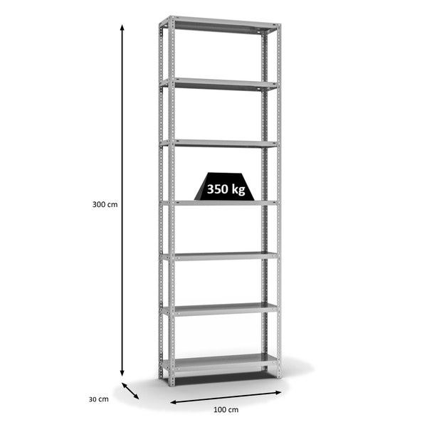 PROREGAL Fachbodenregal Schraubsystem Heavy-Duty Grundregal HxBxT 300 x 100 x 30 cm 7 Ebenen Fachlast 350 kg Beidseitig Nutzbar Verzinkt