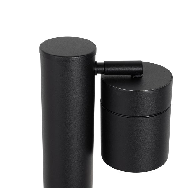 Zylindrische Außenleuchte aus schwarzem Metall mit schwenkbarem Spot.