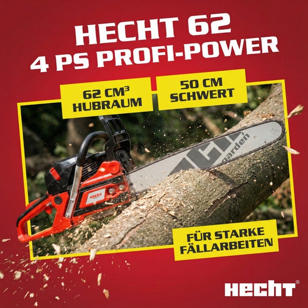 Hecht Motorsäge mit 62 Kubikzentimeter Hubraum und 50 Zentimeter Schwertlänge bei der Arbeit an einem Baumstamm.