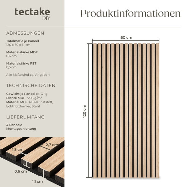 Infografik für tectake DIY Akustikpaneele im 4er Set mit Maßen von circa 120 mal 60 Zentimeter, Materialdetails und tectake DIY Logo.