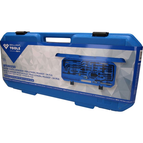 Werkzeugsatz zur Motorreparatur in blauem Koffer mit Fiat Logo, Peugeot Logo und Citroën Logo