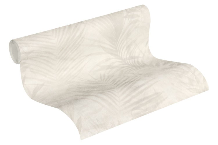 Helles Zimmer mit gemusterter Tapete, Regal und Pflanzkasten