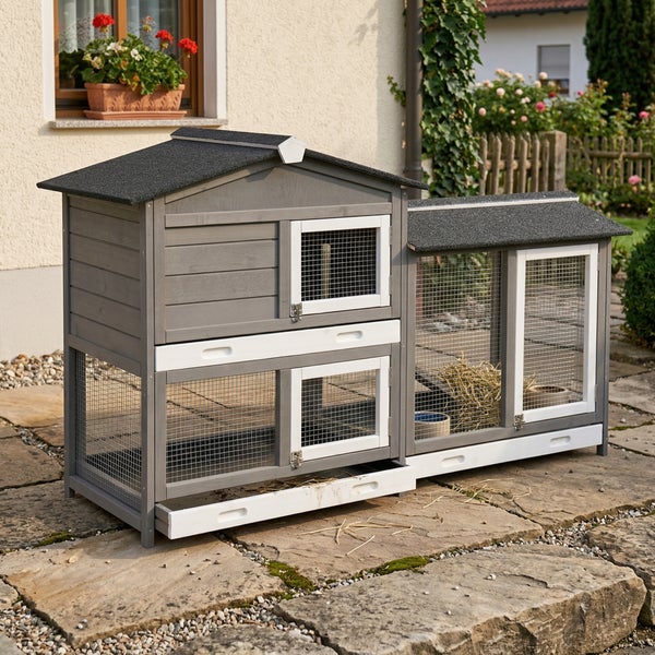 Grau-weißer zweistöckiger Kleintierstall aus Holz mit integriertem Freigehege, Gittertüren und ausziehbaren Bodenwannen auf einer Steinterrasse.