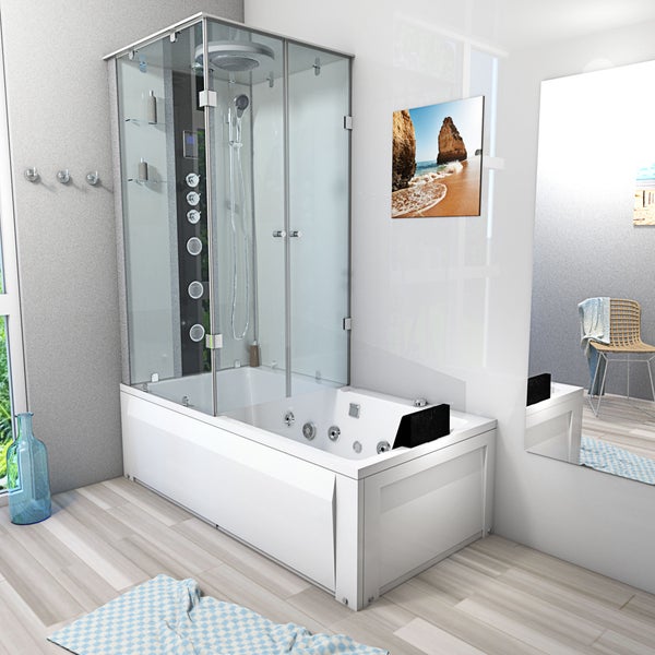 Modernes Badezimmer mit einer weißen Whirlpool-Badewanne und integrierter Duschkabine aus Glas mit Massagedüsen und Regendusche.