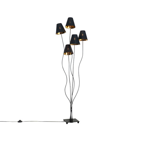 QAZQA - Modern Design Stehlampe schwarz mit Gold I Messing 5-flammig - Melis I Wohnzimmer I Schlafzimmer - Stahl Länglich - LED geeignet E14