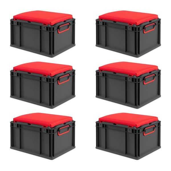 Sechs graue Euroboxen mit roten Sitzkissen