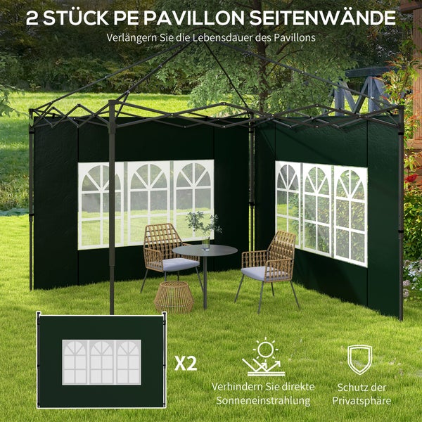 Zwei PE-Pavillon-Seitenwände mit Fenstern für Sonnenschutz und Privatsphäre, montiert an einem Pavillongestell im Garten.